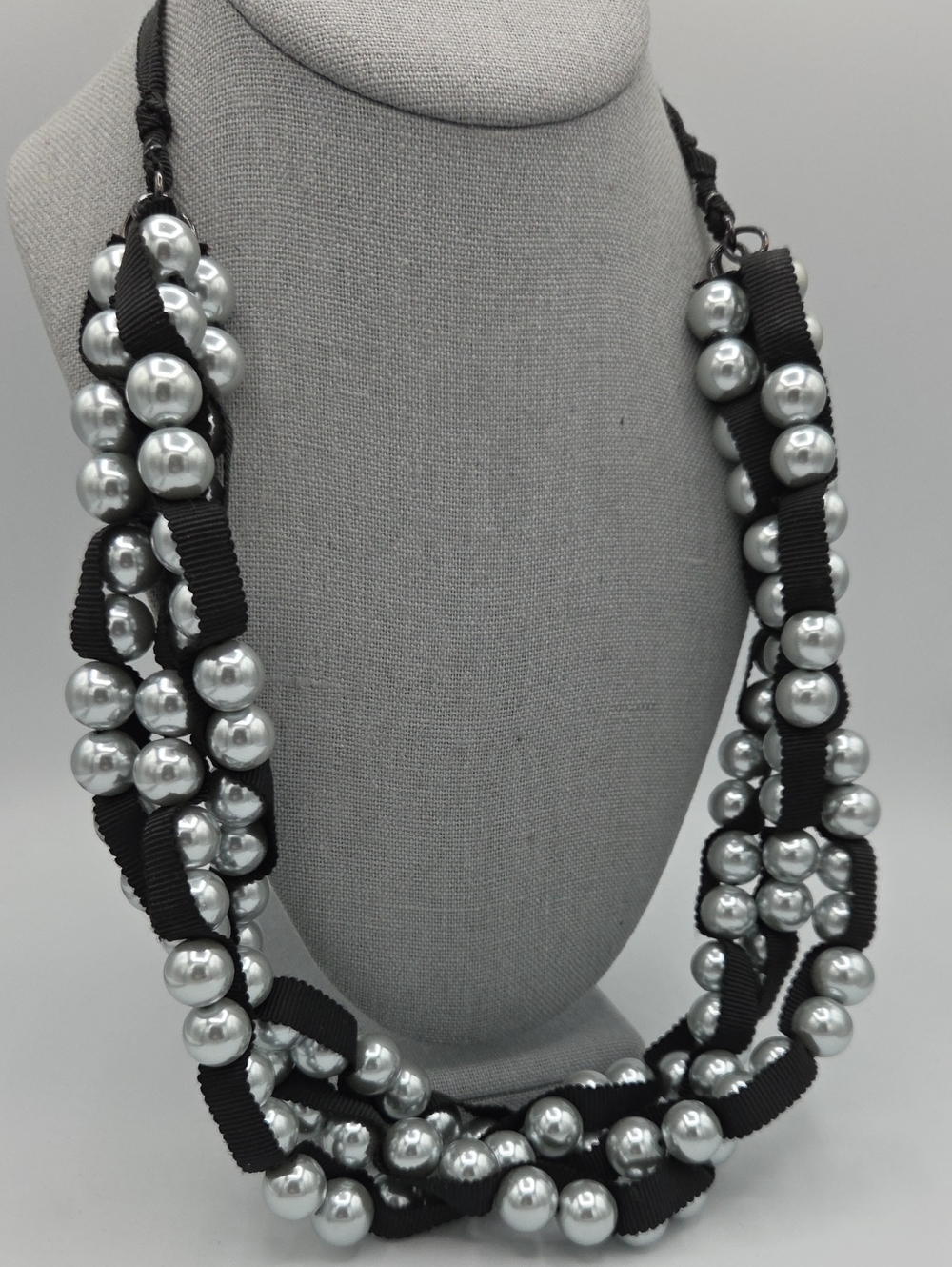 5 for $25! Multi-Strand Silver Pearl Statement Necklace with Black Ribbon